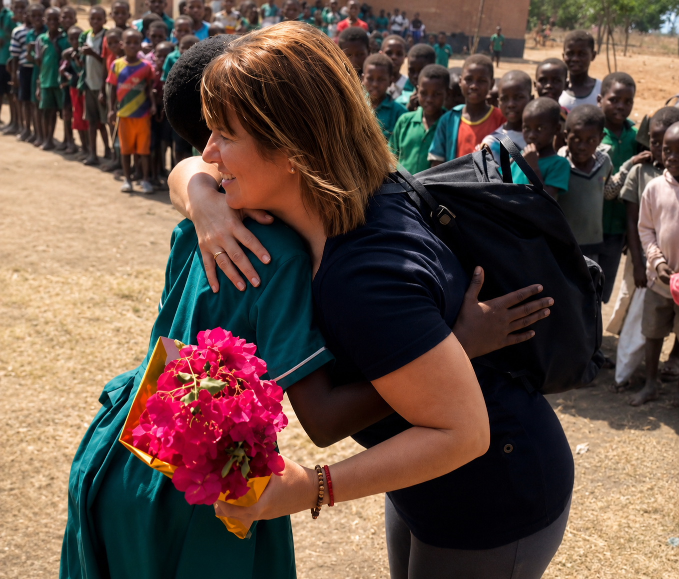 Gabriela Thierer embracing a community partner during a Ripple Lines Foundation visit